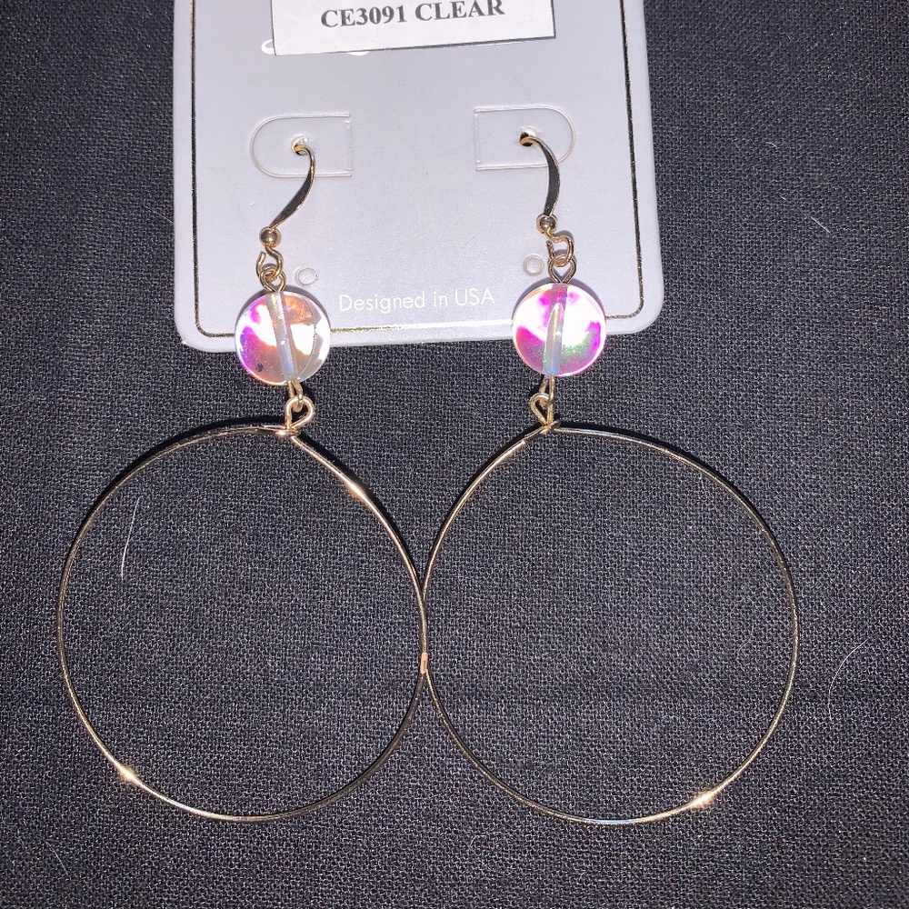 Earrings, Gold Color with Iridescent bead, Round, Drop